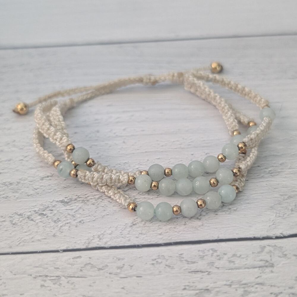 Adjustable Bracelet Multi Row Cream with Green-ish Beaded Accents - Picture 3 of 6
